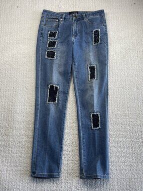 Y2K Joseph Ribkoff Women's Distressed Rhinestones Patchwork Denim Jeans Size 10